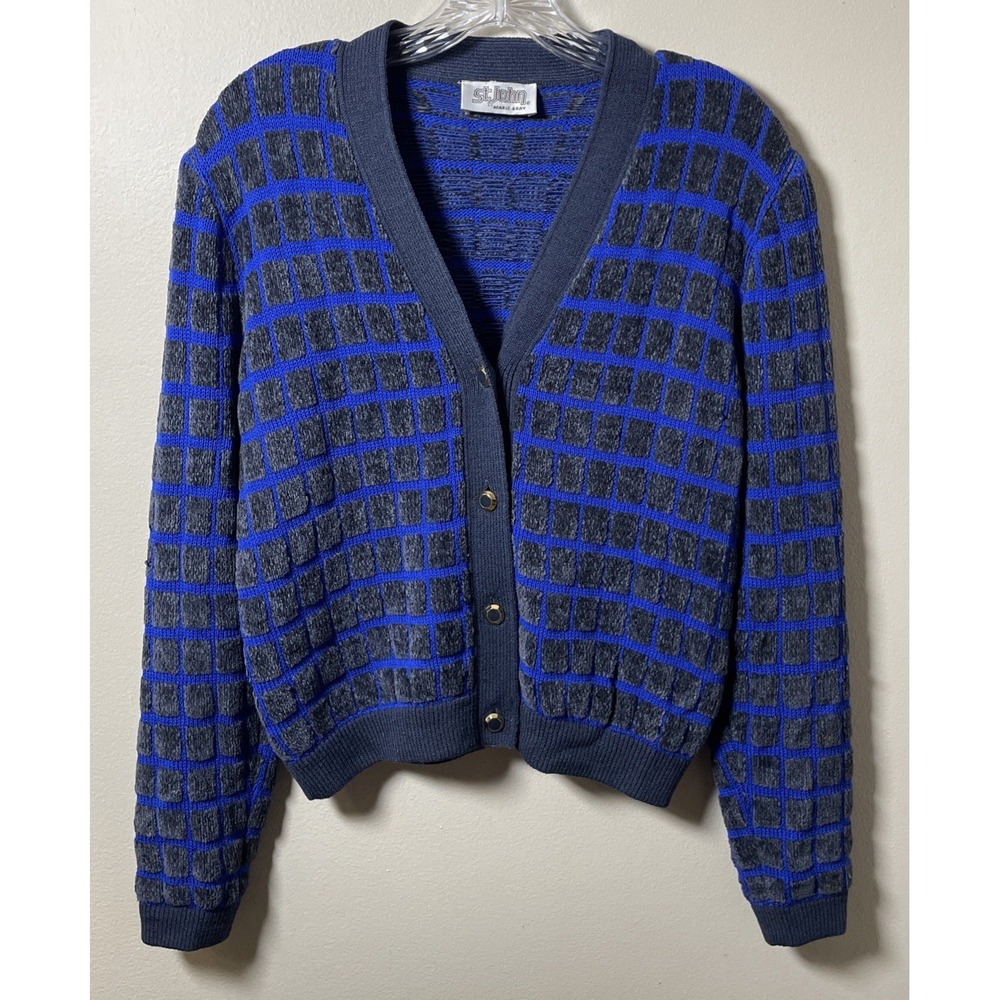 St. John Marie Gray Vintage Blue Check Long Sleeve Button Down Cardigan Women 10